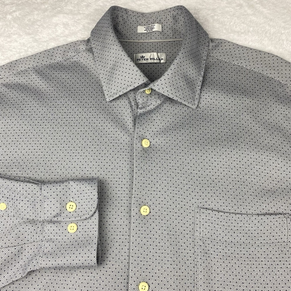 Peter Millar Shirt Mens XL Gray w/Blue Plus Sign Graphics Stretch Long Sleeves